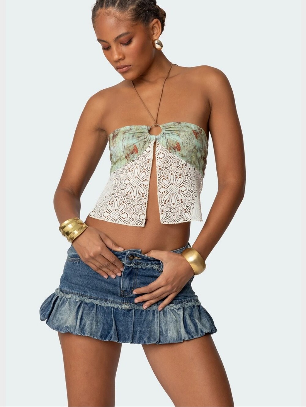 Edikted Kloe Backless Split Front Panel Crochet Crop Top